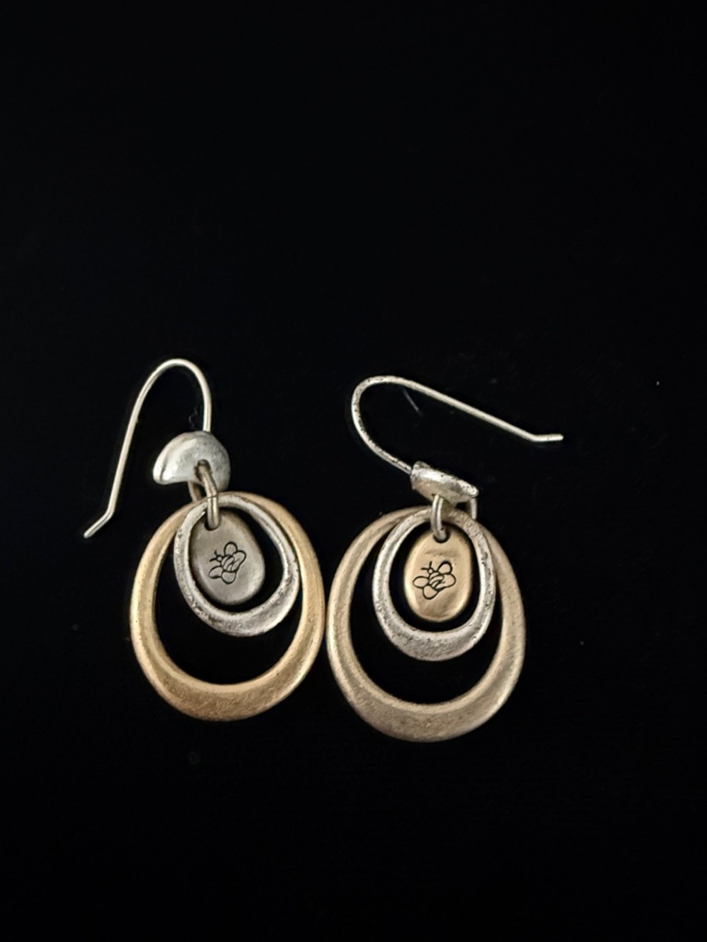 Two-Tone Oval Drop Earrings - Gold and Silver with little bumble bees on them